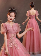 Pink Short Sleeves Beaded Tulle Long Formal Dress, Pink Tulle Prom Dress Evening Dress