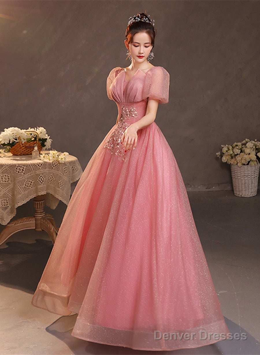 Pink Short Sleeves Beaded Tulle Long Formal Dress, Pink Tulle Prom Dress Evening Dress