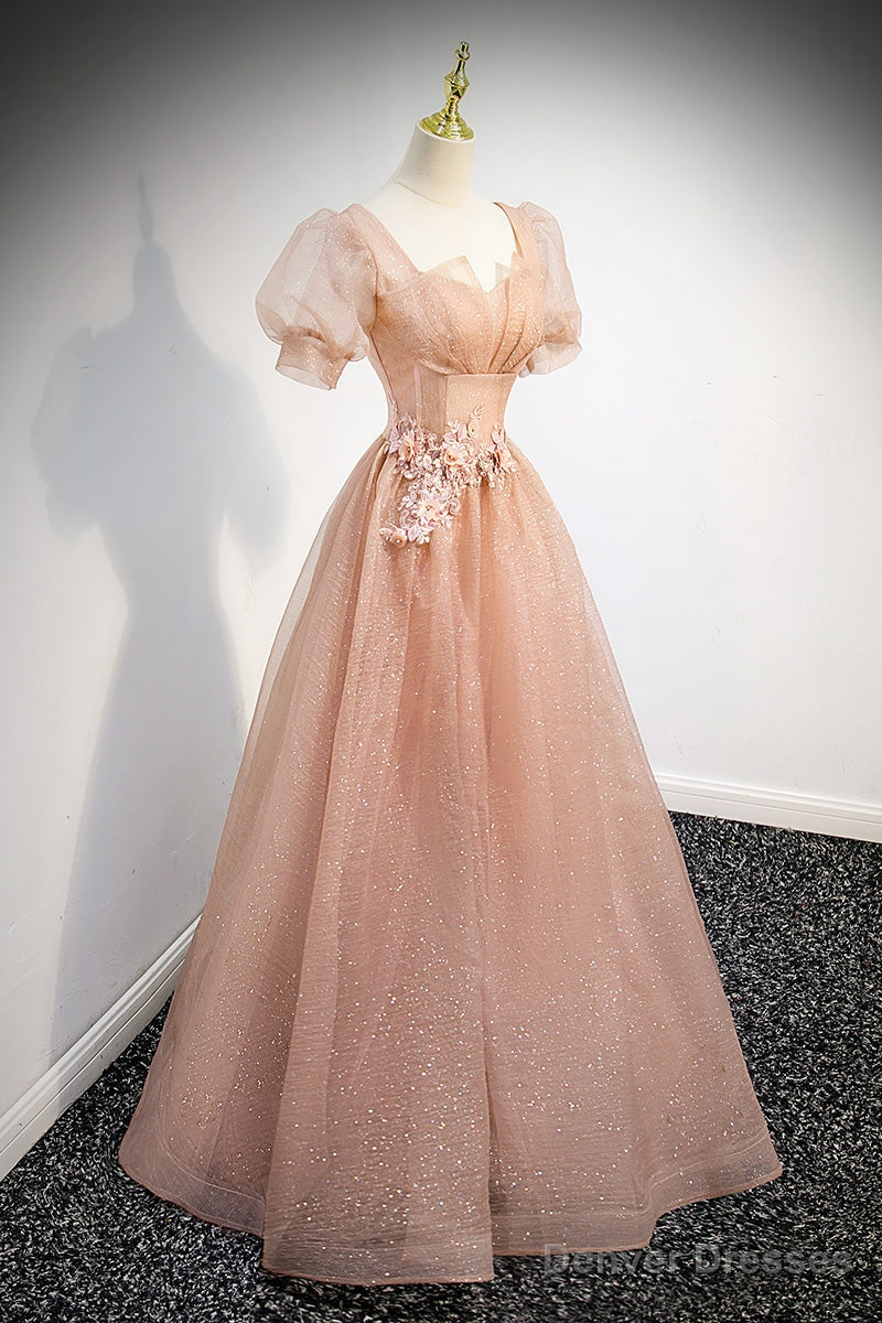 Pink Short Sleeves Tulle Party Dress, A-line Flower Lace Prom Dress Main image