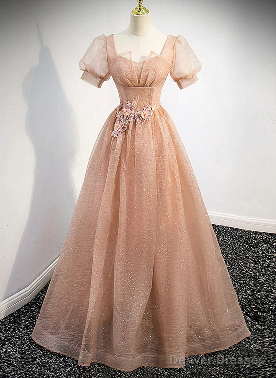 Pink Short Sleeves Tulle Party Dress, A-line Flower Lace Prom Dress