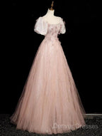 Pink Short Sleeves Tulle Sequins Long Party Dress, Pink Tulle Prom Dress