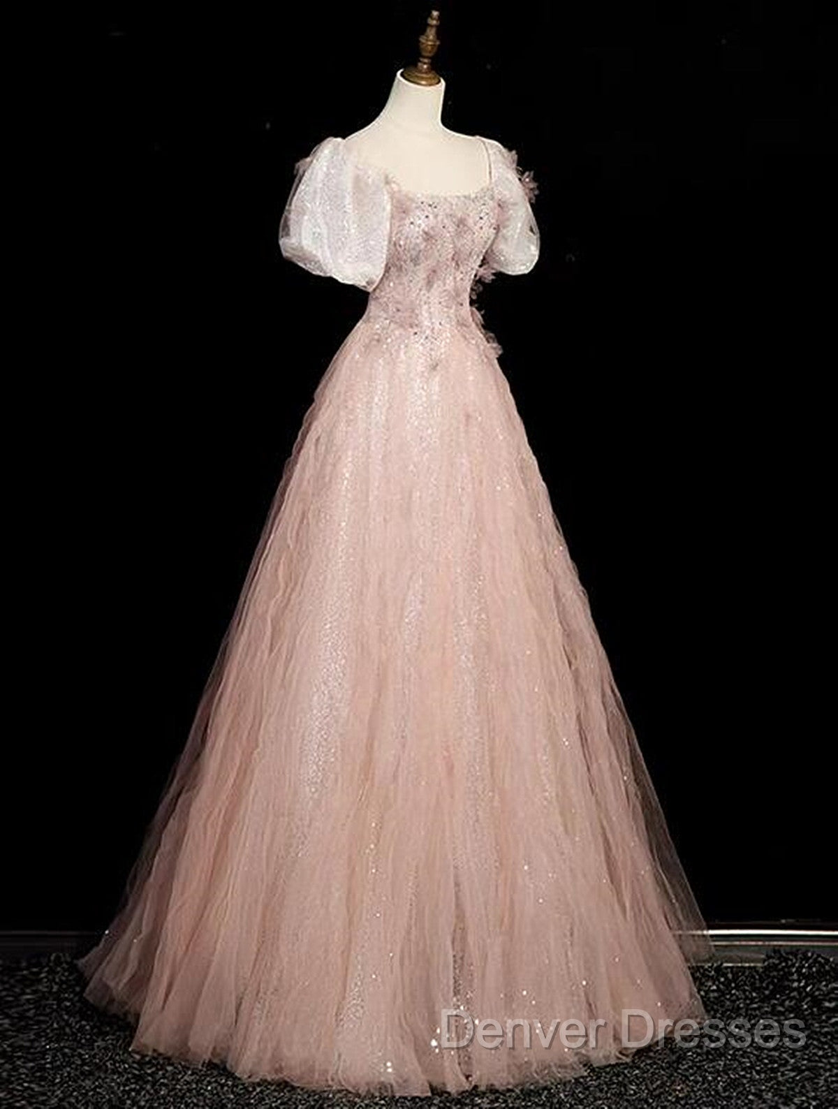 Pink Short Sleeves Tulle Sequins Long Party Dress, Pink Tulle Prom Dress