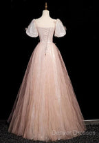 Pink Short Sleeves Tulle Sequins Long Party Dress, Pink Tulle Prom Dress