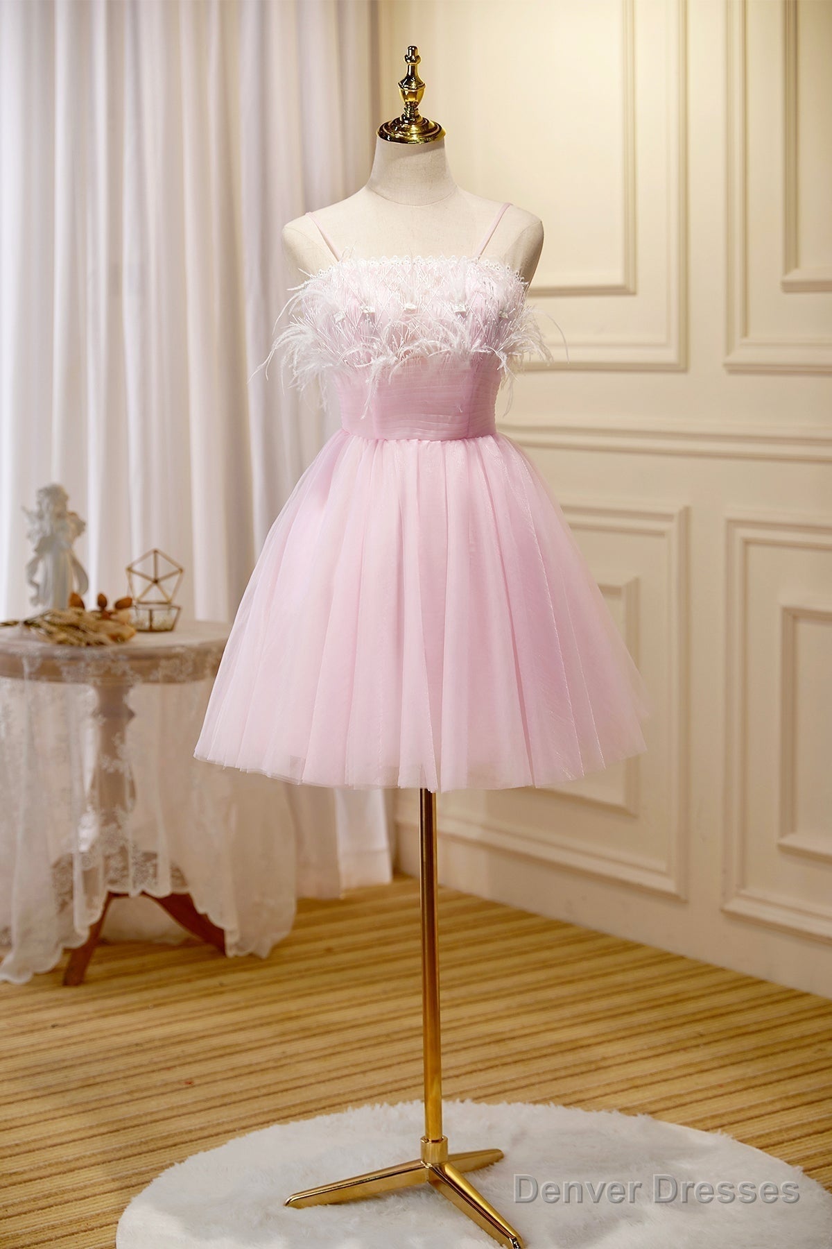 Pink Spaghetti Strap Tulle Short Prom Dress with Feather, Pink Party Dress Secondary image