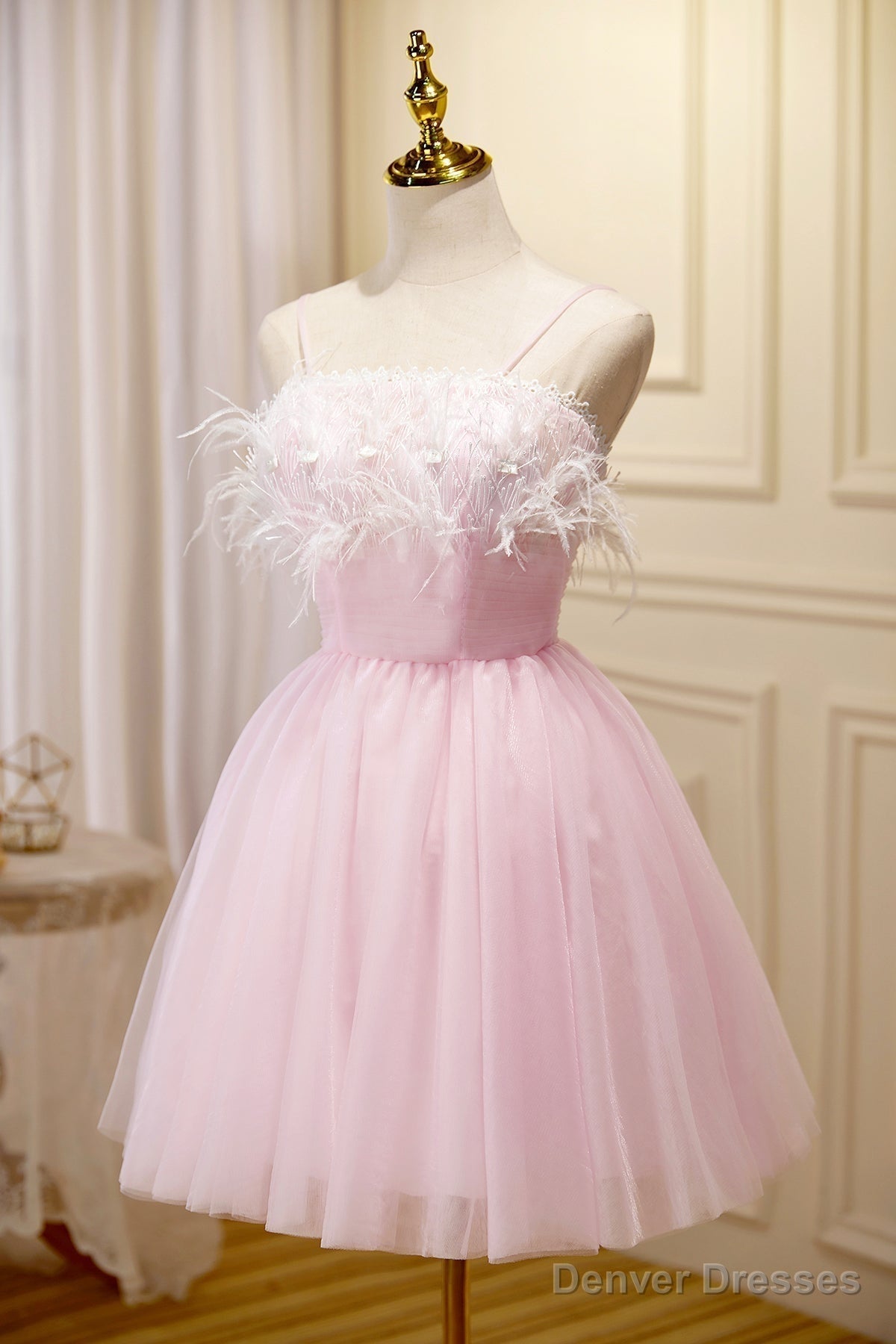 Pink Spaghetti Strap Tulle Short Prom Dress with Feather, Pink Party Dress Main image
