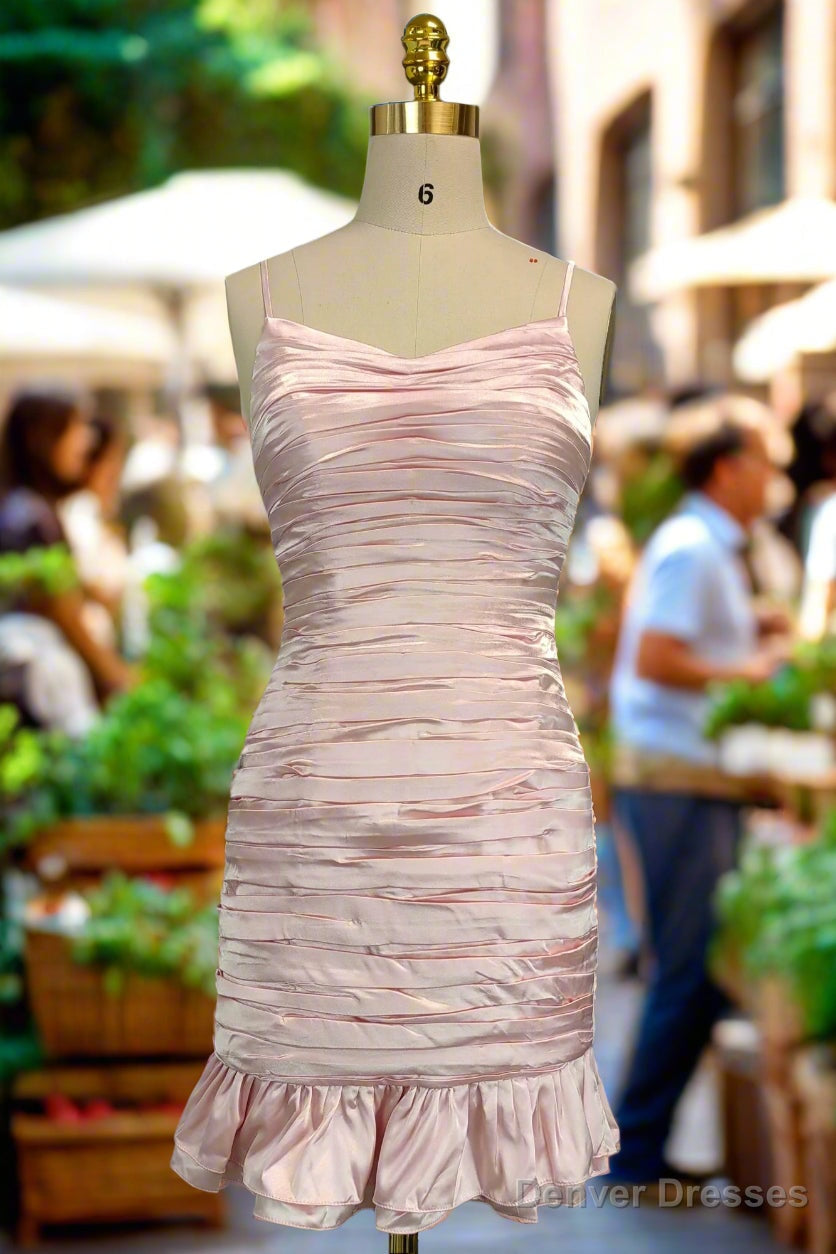 Pink Spaghetti Straps Homecoming Dresses Simple Satin Mini Dresses Main image