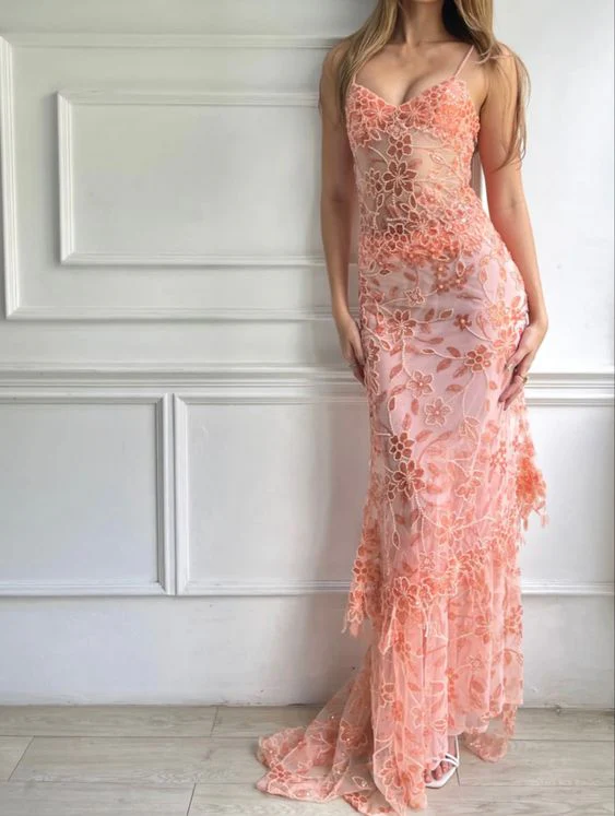 Pink Spaghetti Straps Lace Beading Gorgeous Mermaid Evening Dress Secondary image