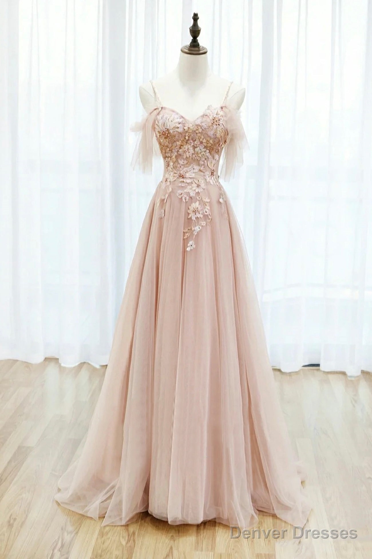 Pink Spaghetti Straps Lace Long Prom Dress, A-Line Evening Graduation Dress Main image