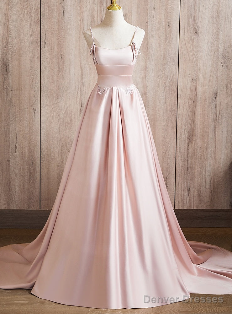 Pink Spaghetti Straps Pearls Prom Dress Main image