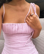 Pink Spaghetti Straps Pleated Long Party Dress Wedding Guest Dress