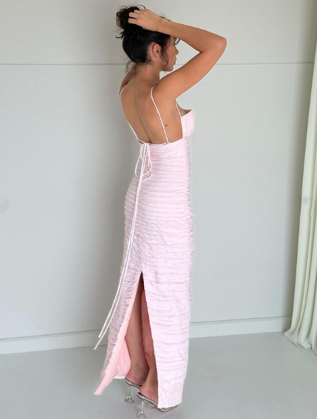 Pink Spaghetti Straps Pleated Long Party Dress Wedding Guest Dress