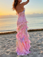 Pink Spaghetti Straps Backless Ruffles Long Prom Dress