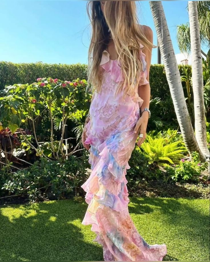 Pink Spaghetti Straps Backless Ruffles Long Prom Dress