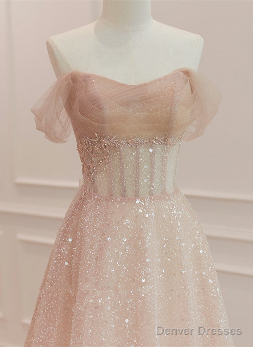 Pink Sparkle Tulle with Beadings Long A-line Formal Dress, Pink Tulle Sweetheart Prom Dress