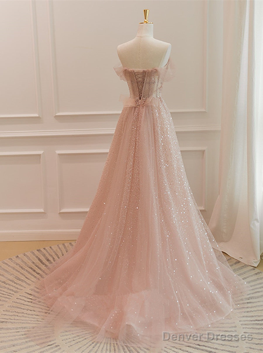 Pink Sparkle Tulle with Beadings Long A-line Formal Dress, Pink Tulle Sweetheart Prom Dress Secondary image