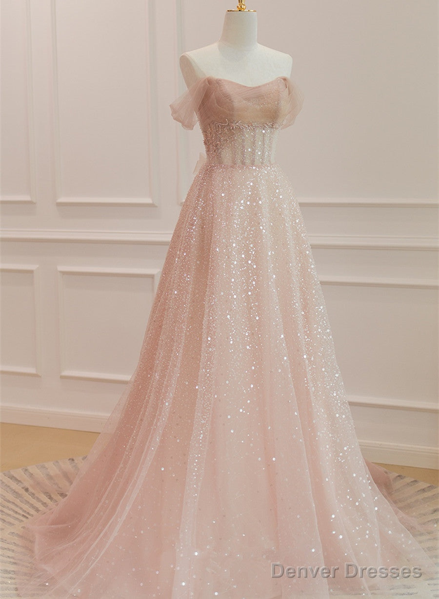 Pink Sparkle Tulle with Beadings Long A-line Formal Dress, Pink Tulle Sweetheart Prom Dress