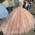 Pink Sparkly Quinceanera Prom Dress Lace Flower Sweet 16 Tulle Party Ball Gown