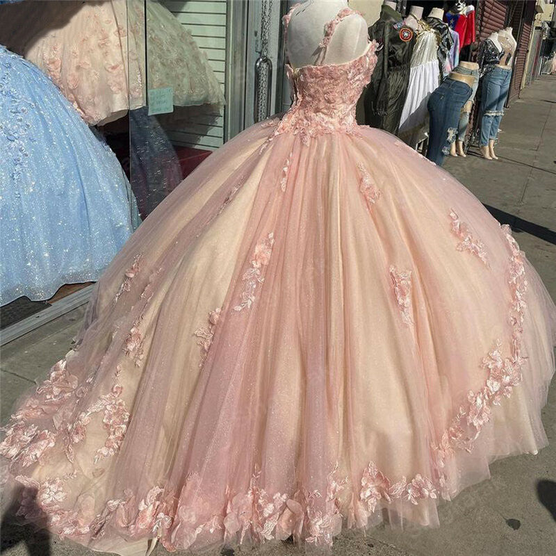 Pink Sparkly Quinceanera Prom Dress Lace Flower Sweet 16 Tulle Party Ball Gown