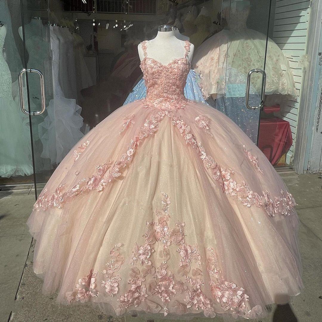 Pink Sparkly Quinceanera Prom Dress Lace Flower Sweet 16 Tulle Party Ball Gown Main image
