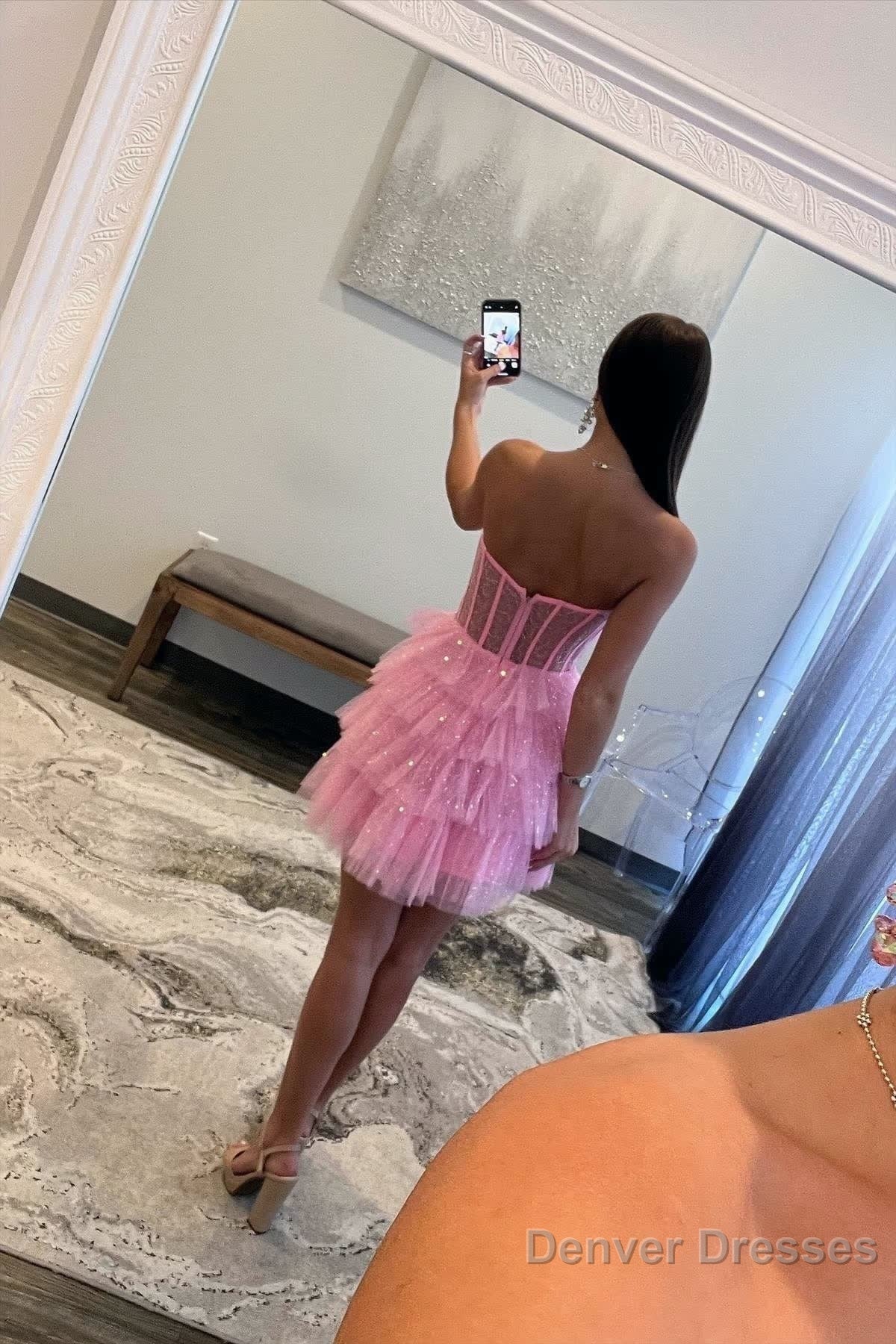 Pink Sparkly Strapless Multi-Layers Tulle Homecoming Dress Secondary image