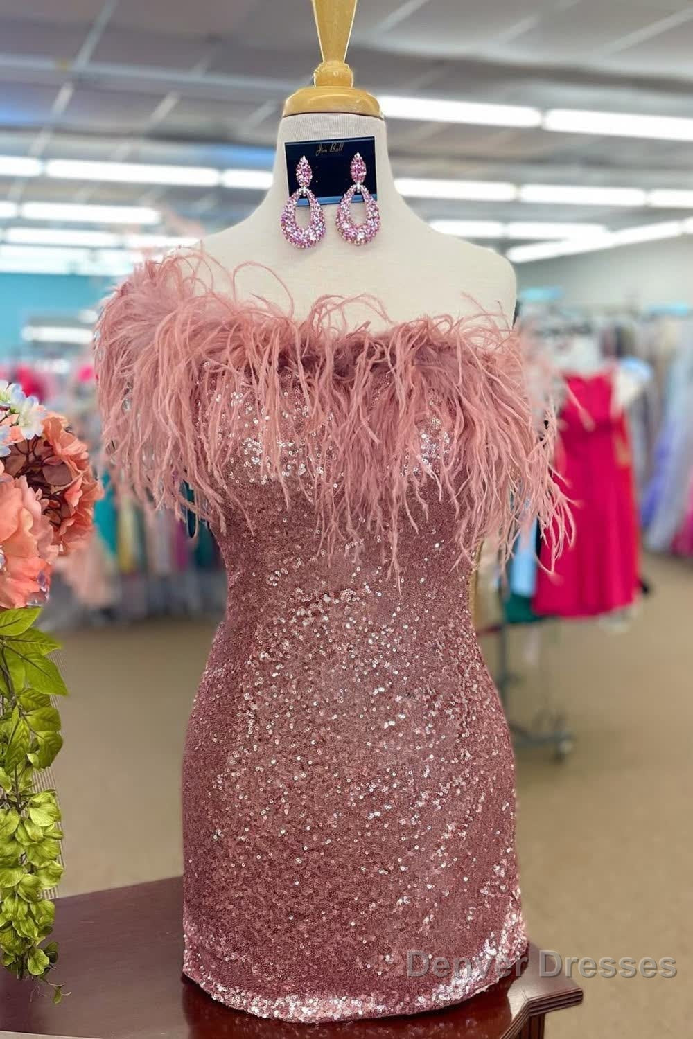 Pink Sparkly Tight Sequins Homecoming Dress with Feathers Secondary image