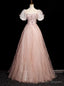 Pink Square Neck Tulle Sequins Puff Sleeve Beading Prom Dress