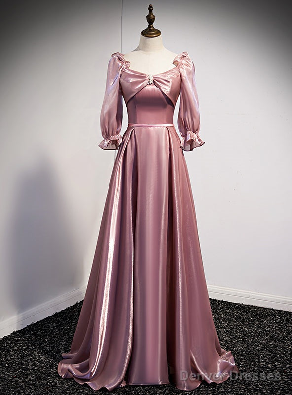 Pink Square Short Sleeve Pearls Prom Dress Main image