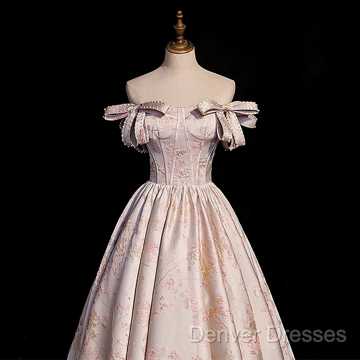 Pink Statin Off Shoulder Floral Long Party Dress, Pink Sweetheart Prom Dress Evening Dress