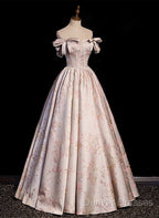 Pink Statin Off Shoulder Floral Long Party Dress, Pink Sweetheart Prom Dress Evening Dress