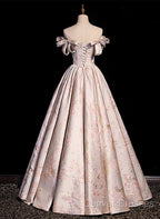 Pink Statin Off Shoulder Floral Long Party Dress, Pink Sweetheart Prom Dress Evening Dress