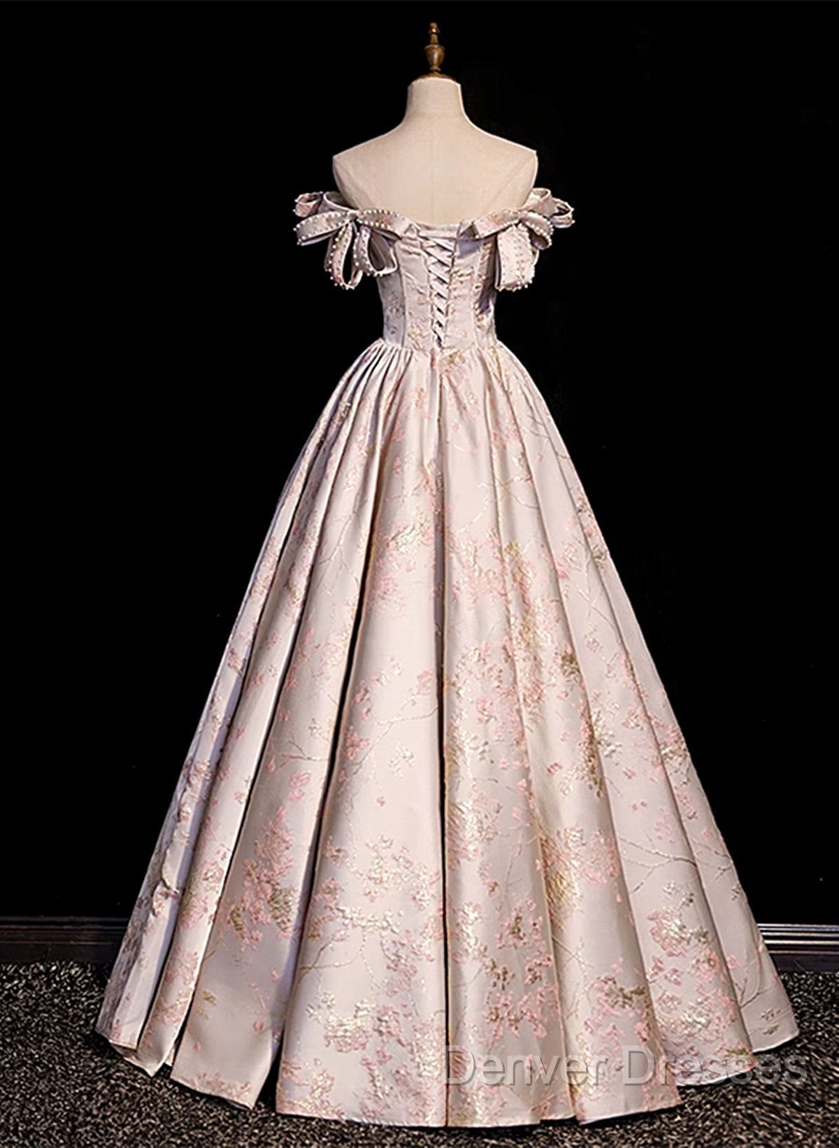 Pink Statin Off Shoulder Floral Long Party Dress, Pink Sweetheart Prom Dress Evening Dress