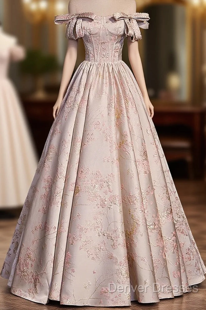 Pink Statin Off Shoulder Floral Long Party Dress, Pink Sweetheart Prom Dress Evening Dress Main image