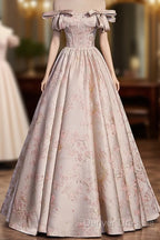 Pink Statin Off Shoulder Floral Long Party Dress, Pink Sweetheart Prom Dress Evening Dress