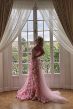 Elegant Pink Strapless 3D Flowers Tulle Mermaid Long Prom Dress With Slit