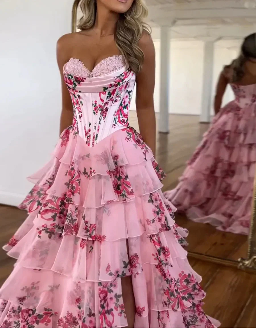 Pink Strapless A-Line Printing Tiered Chiffon Floral Long Prom Dress Secondary image