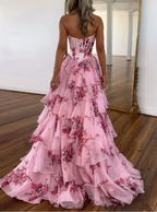 Pink Strapless A-Line Printing Tiered Chiffon Floral Long Prom Dress