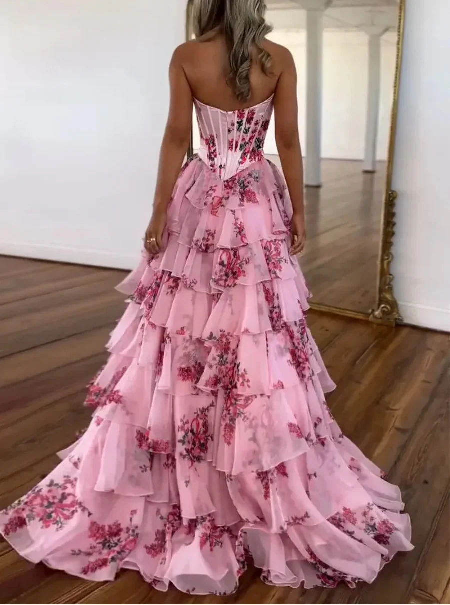 Pink Strapless A-Line Printing Tiered Chiffon Floral Long Prom Dress