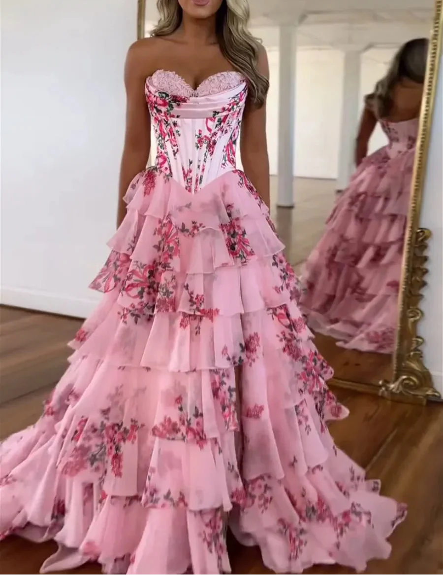 Pink Strapless A-Line Printing Tiered Chiffon Floral Long Prom Dress Main image