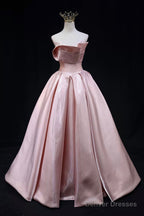 Pink Strapless Satin Long Prom Dress, Beautiful A-Line Evening Party Dress
