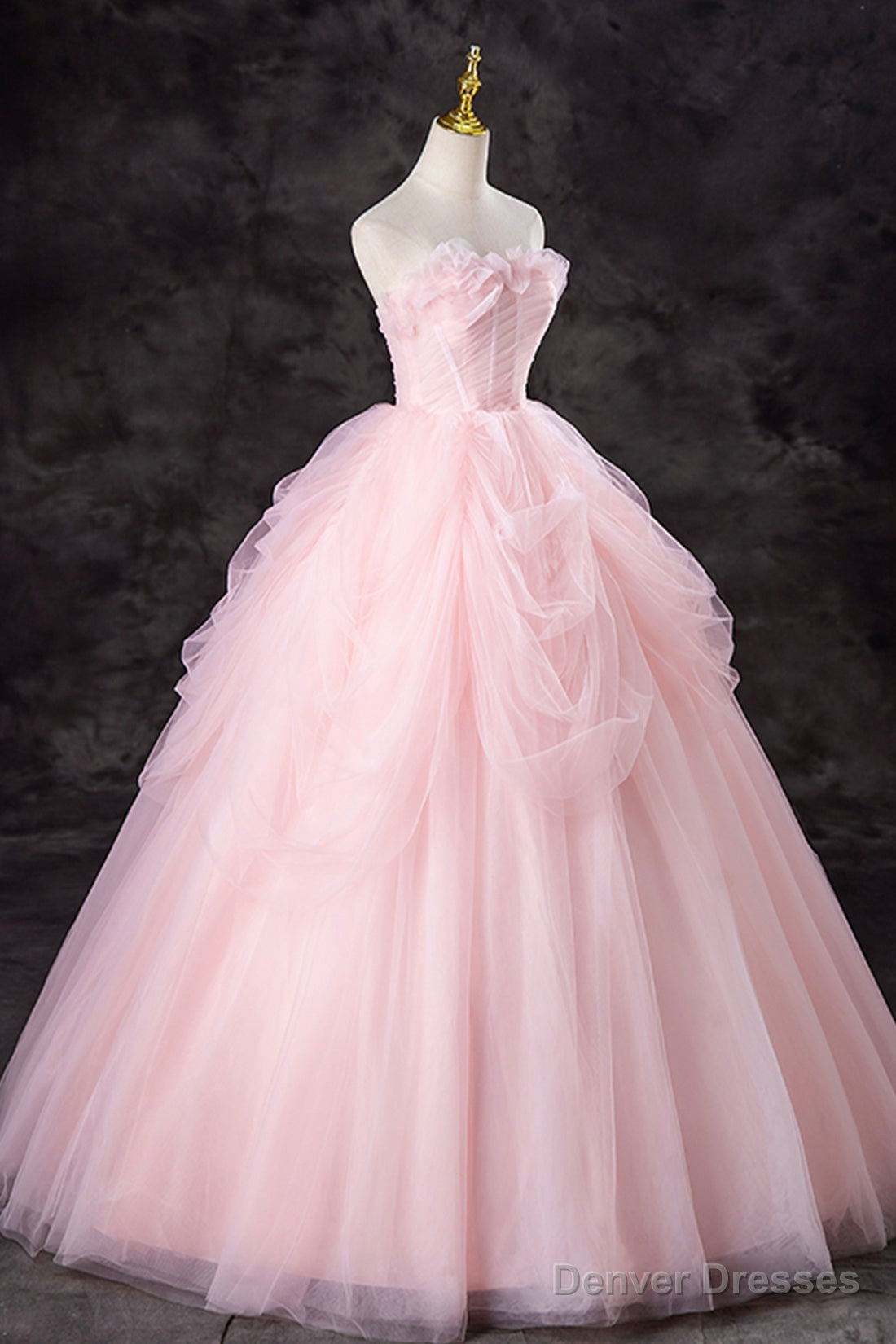 Pink Strapless Tulle Floor Length Prom Dress, Lovely A-Line Evening Party Dress Secondary image