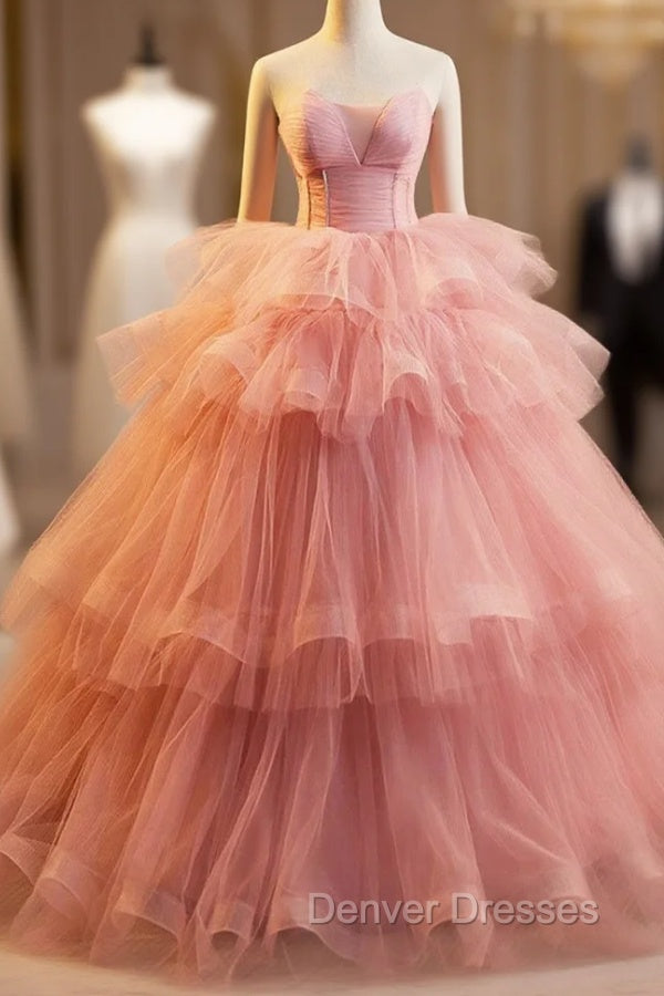 Pink Strapless Tulle Layers Ruffles Long Prom Evening Dress, Pink Sweet 16 Dress Main image
