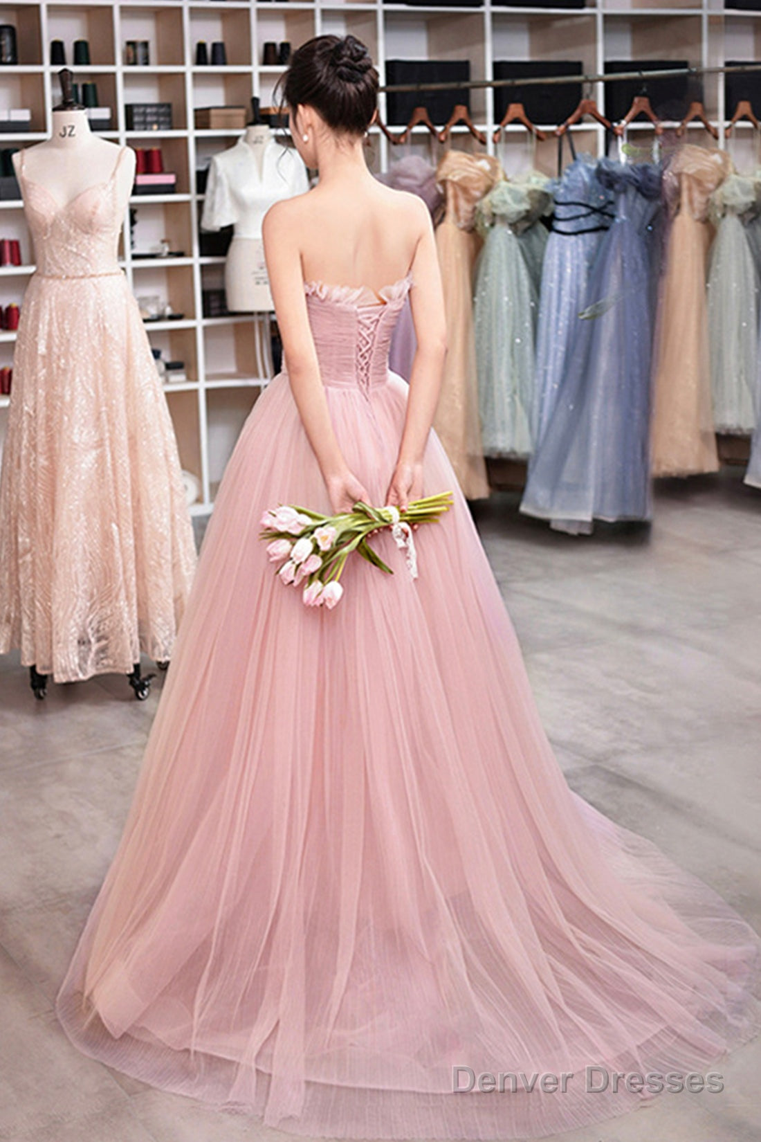 Pink Strapless Tulle Long Prom Dress, Beautiful Sweetheart Evening Dress Secondary image