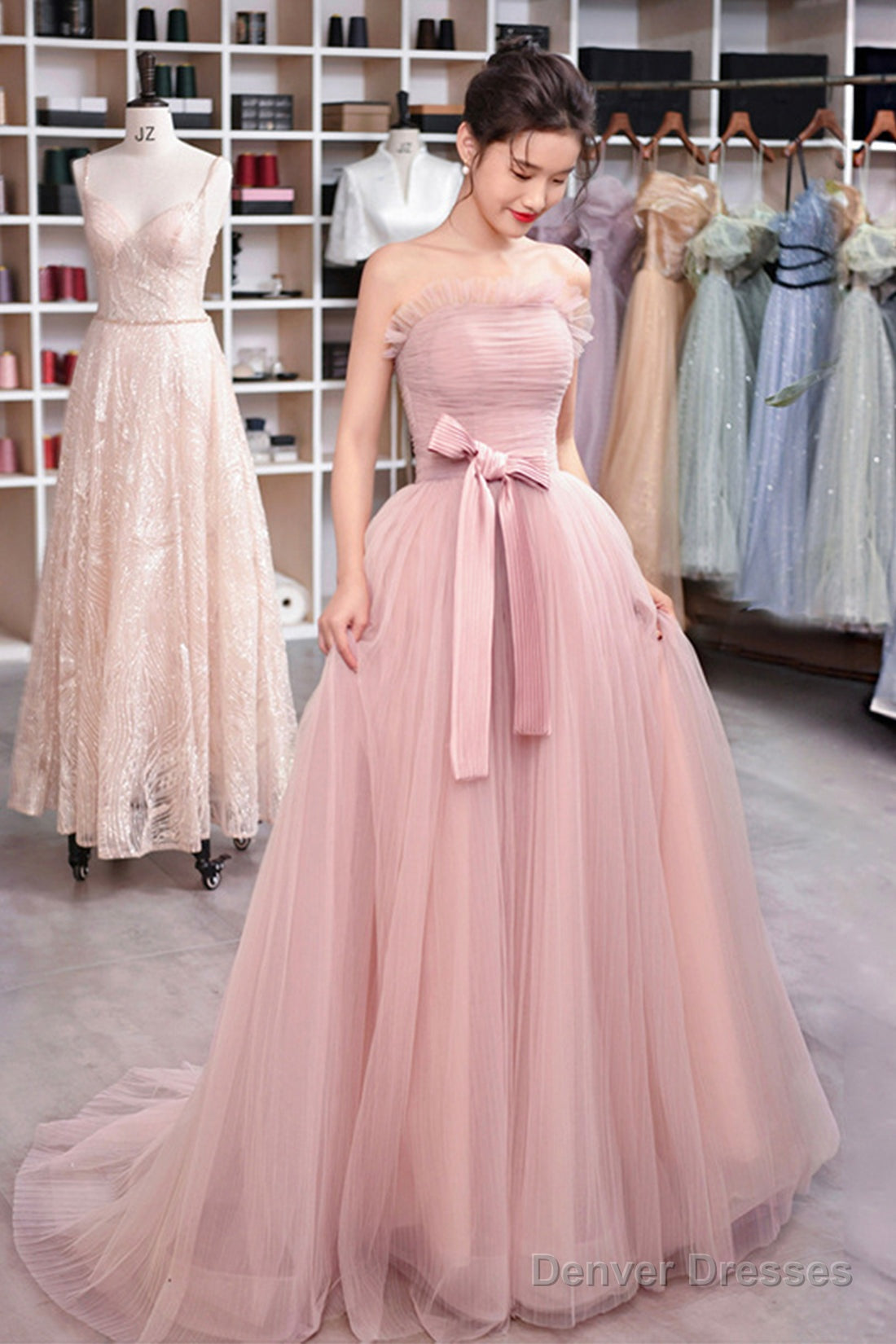 Pink Strapless Tulle Long Prom Dress, Beautiful Sweetheart Evening Dress Main image