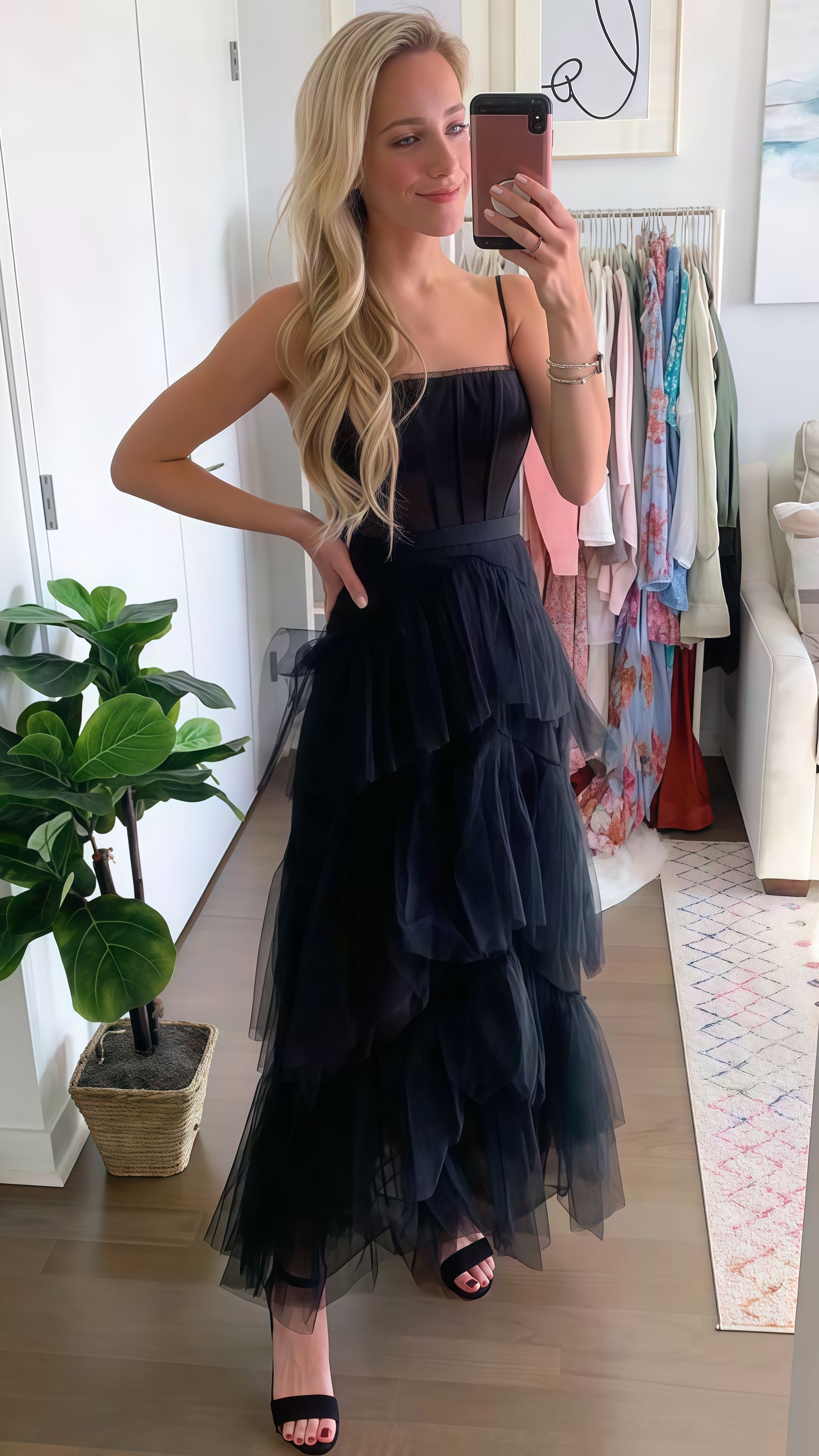Pink Spaghetti Straps Tulle Long Prom Dress Evening Dress Ruffles Full Length Dress