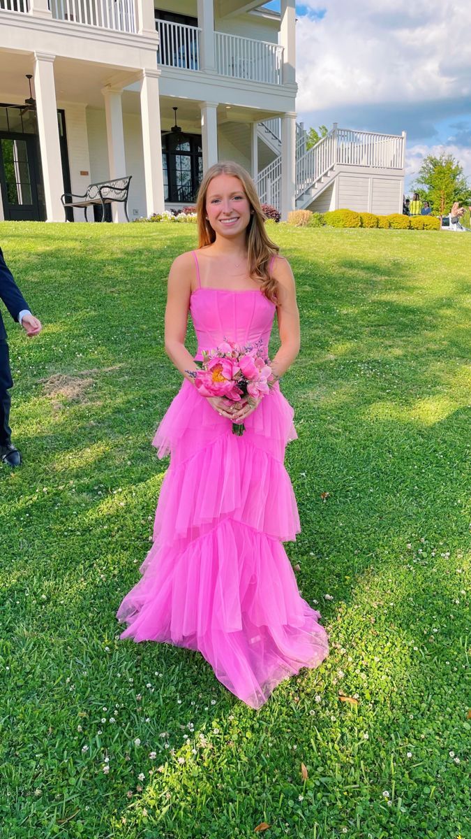 Pink Spaghetti Straps Tulle Long Prom Dress Evening Dress Ruffles Full Length Dress Secondary image