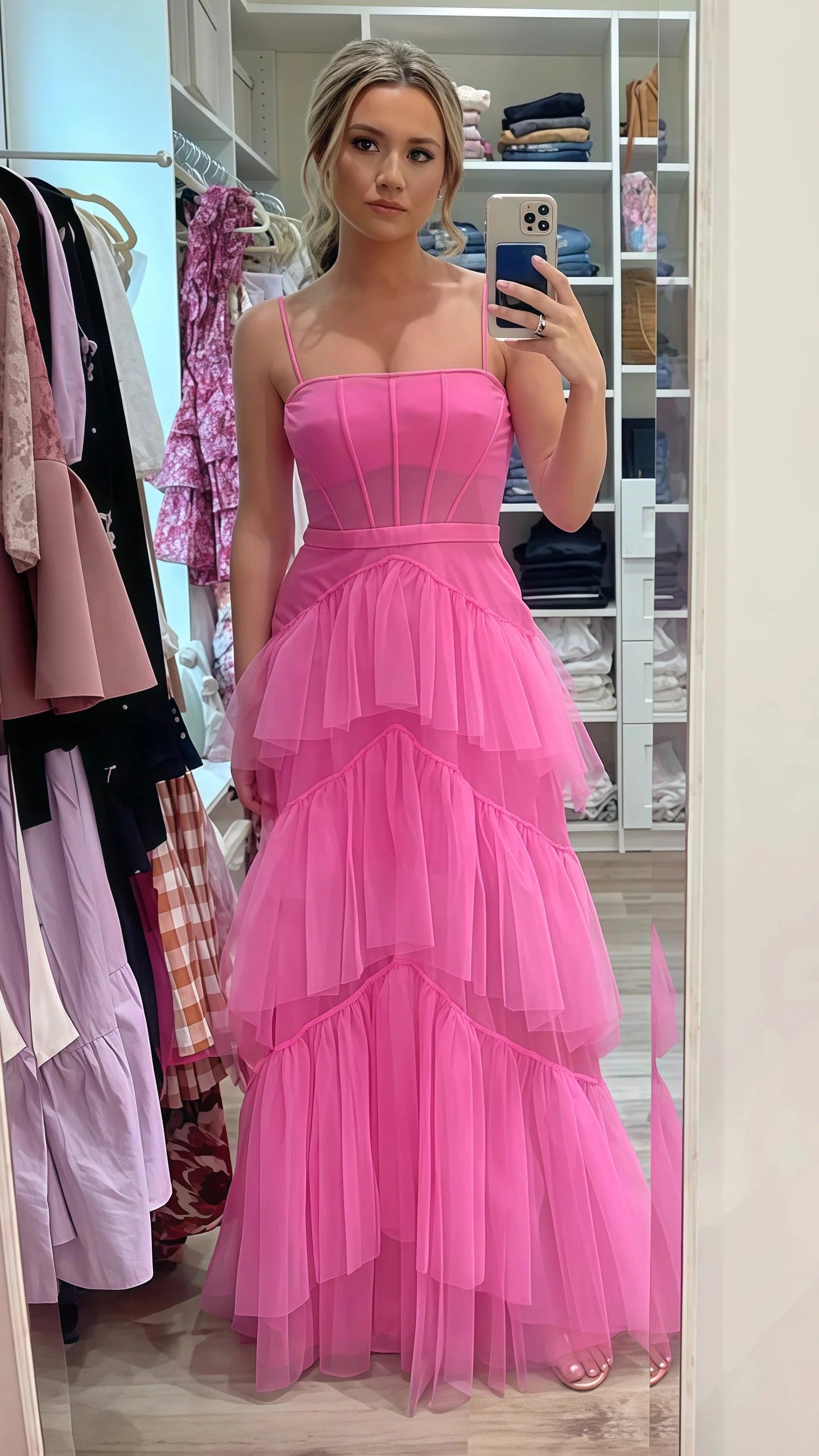 Pink Spaghetti Straps Tulle Long Prom Dress Evening Dress Ruffles Full Length Dress