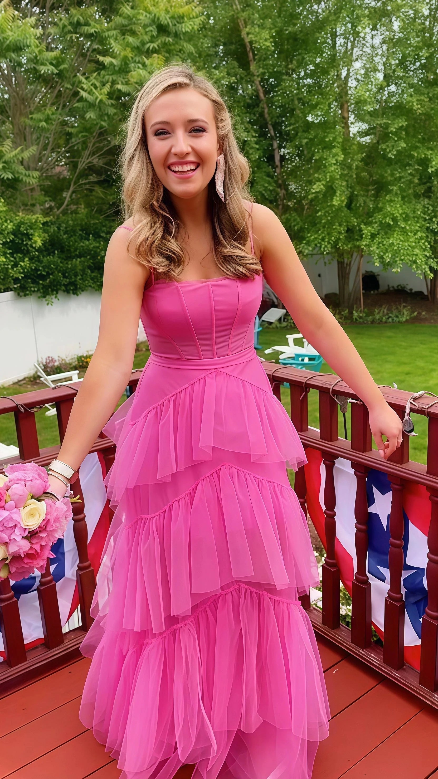 Pink Spaghetti Straps Tulle Long Prom Dress Evening Dress Ruffles Full Length Dress