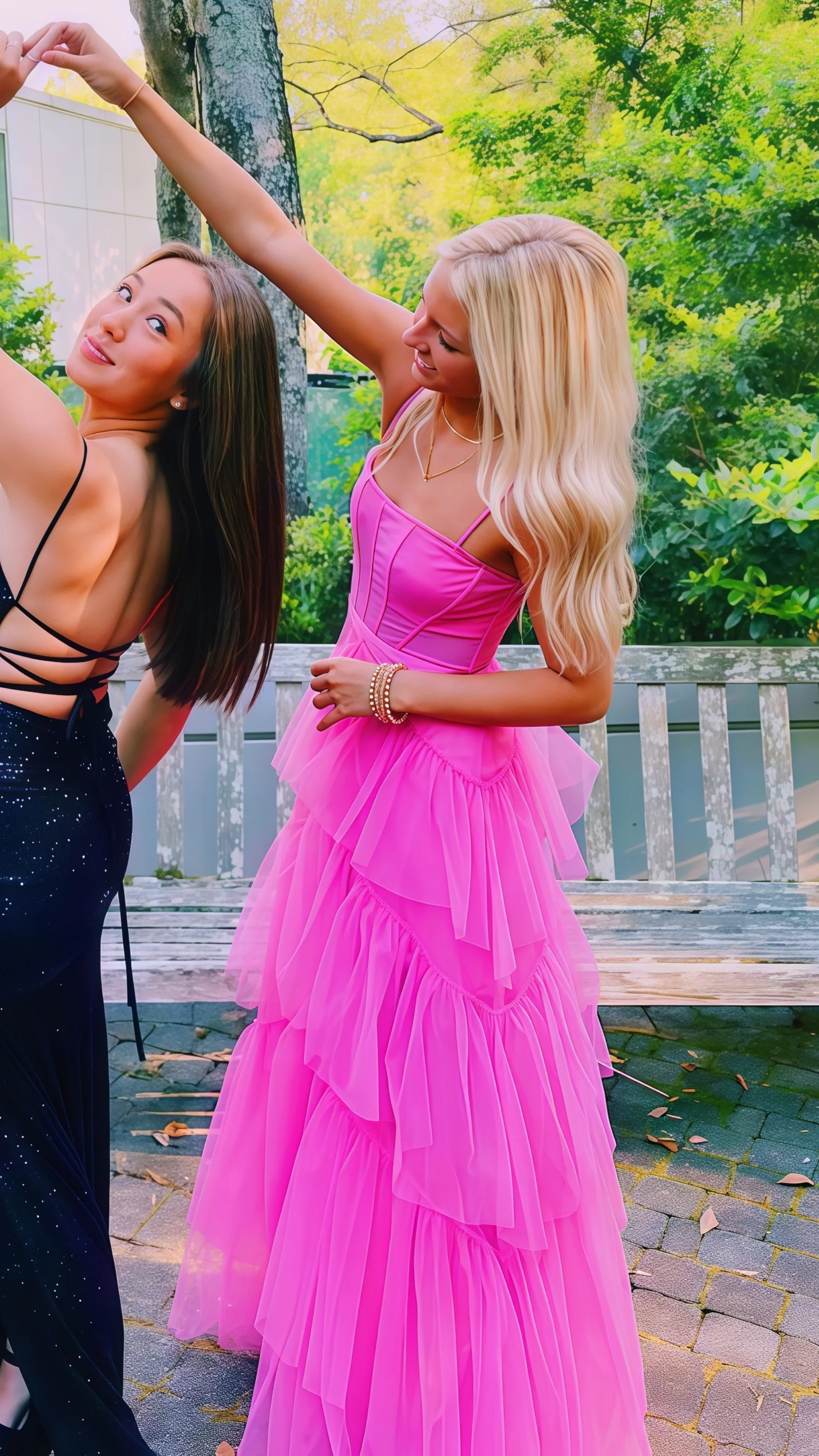 Pink Spaghetti Straps Tulle Long Prom Dress Evening Dress Ruffles Full Length Dress