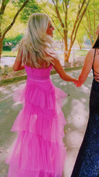 Pink Spaghetti Straps Tulle Long Prom Dress Evening Dress Ruffles Full Length Dress