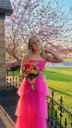 Pink Spaghetti Straps Tulle Long Prom Dress Evening Dress Ruffles Full Length Dress